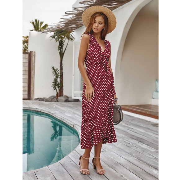 Burgundy Polka Dot Wrap Midi Dress - Picture 4 of 9